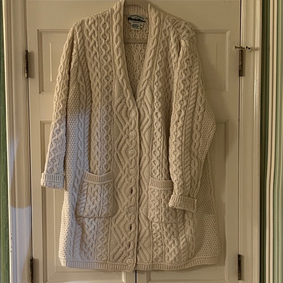 Aran Crafts 100% Merino Wool Ivory Cable Knit Cardigan Button Down Pockets XXL - Picture 6 of 9